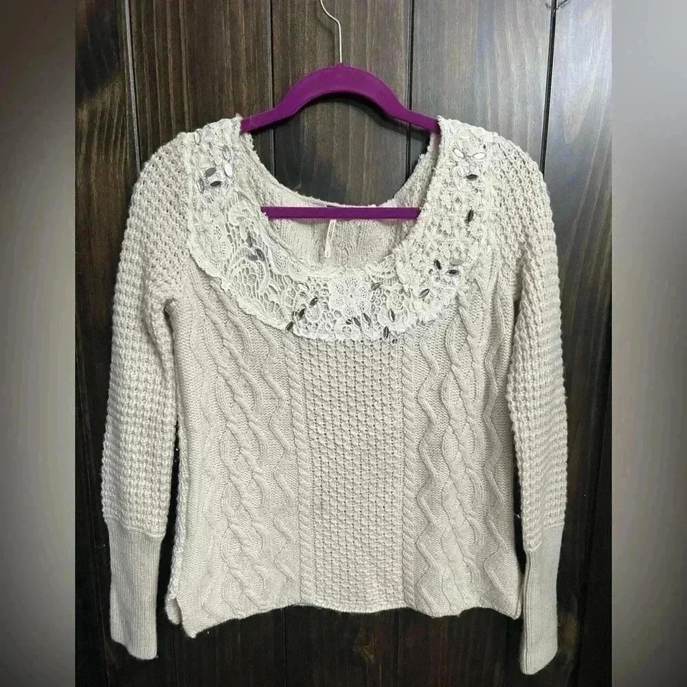 Free People Cropped Ivory Embellished Beaded Lace Wool Blend Sweater S/P